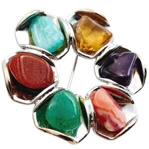 Vintage 60s Colorful Natural Stone Brooch Wreath Amethyst Goldstone Aventurine